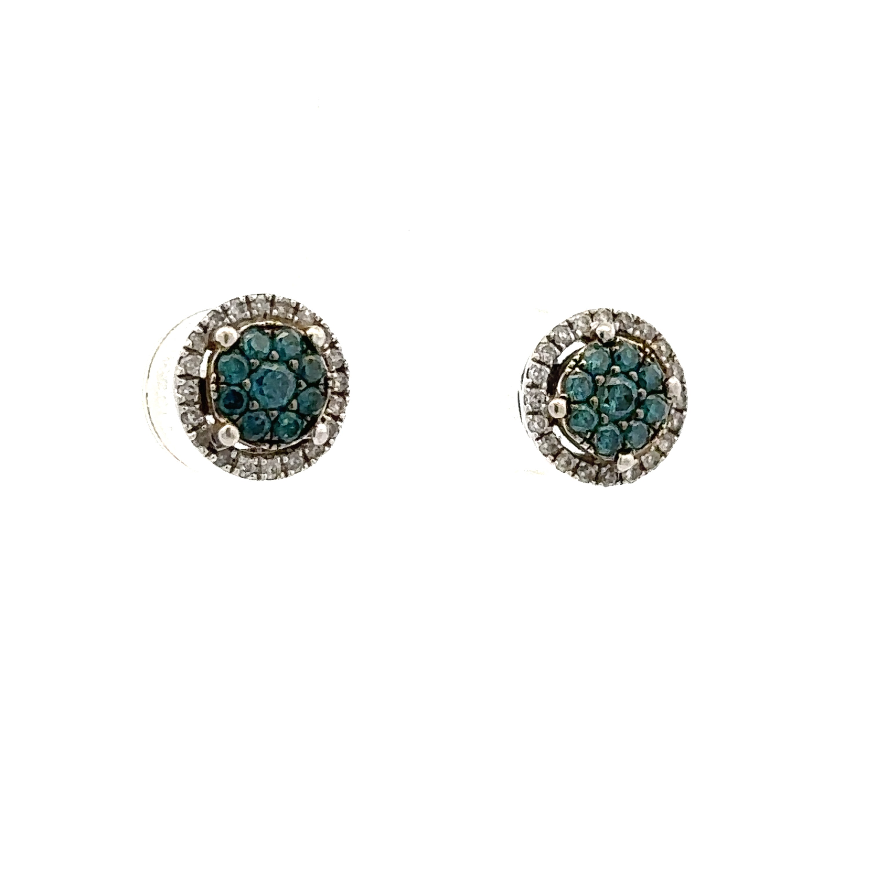 Estate Collection: 10K White Gold Blue Diamond Cluster with White Diamond Halo Stud Earrings