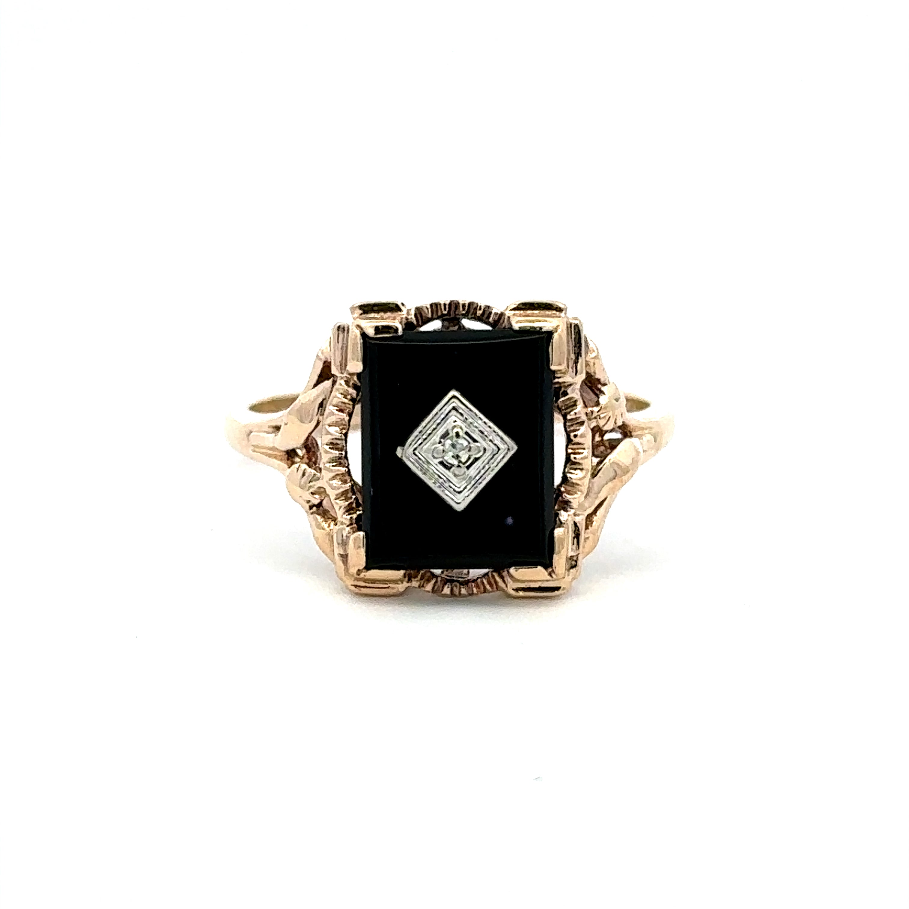 Estate Collection: 10K Yellow Gold Rectangular Black Stone Accented Cocktail Ring