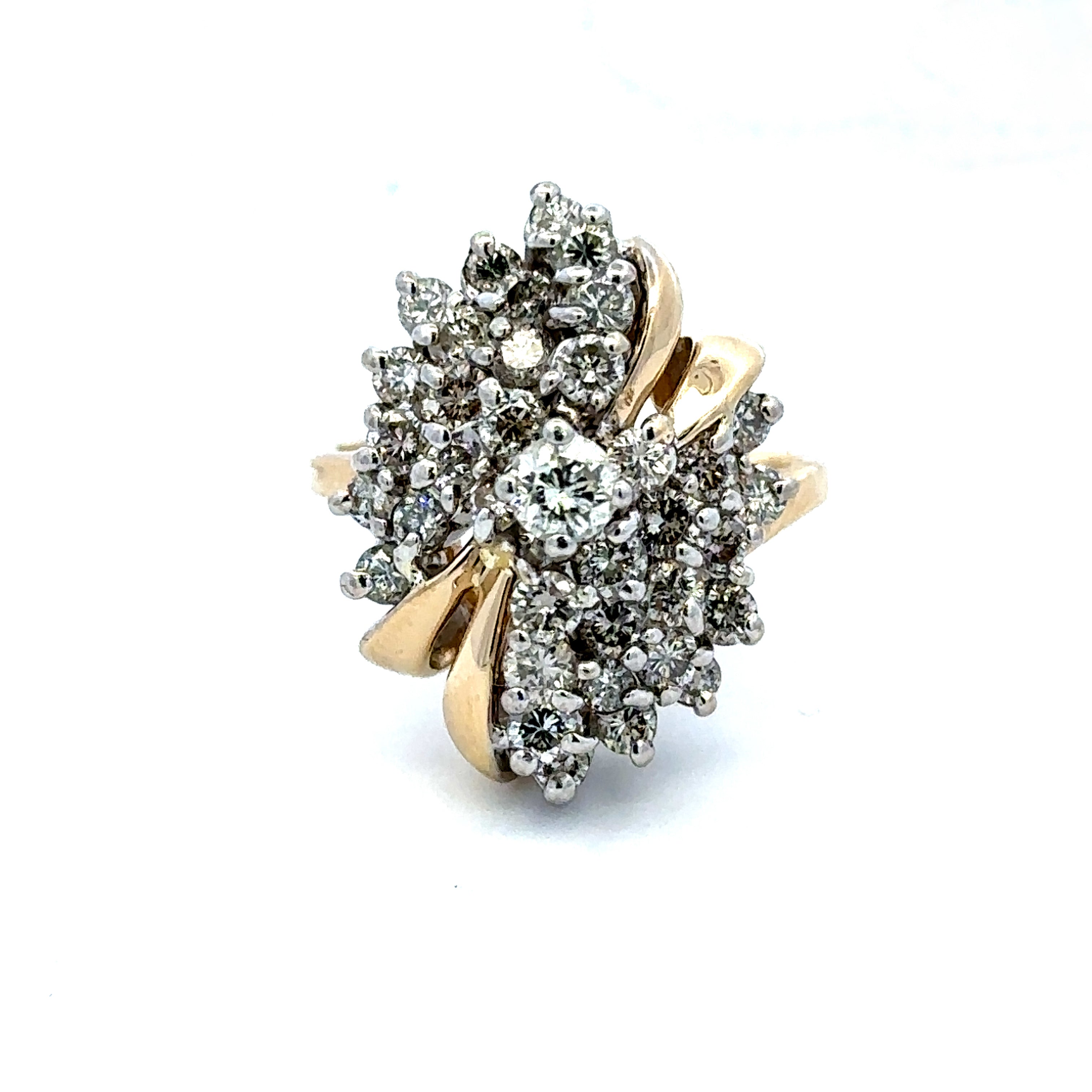 Estate Collection: 14K Yellow Gold Approximately 1.3CTW. Natural Diamond Swirl Cluster Cocktail Ring