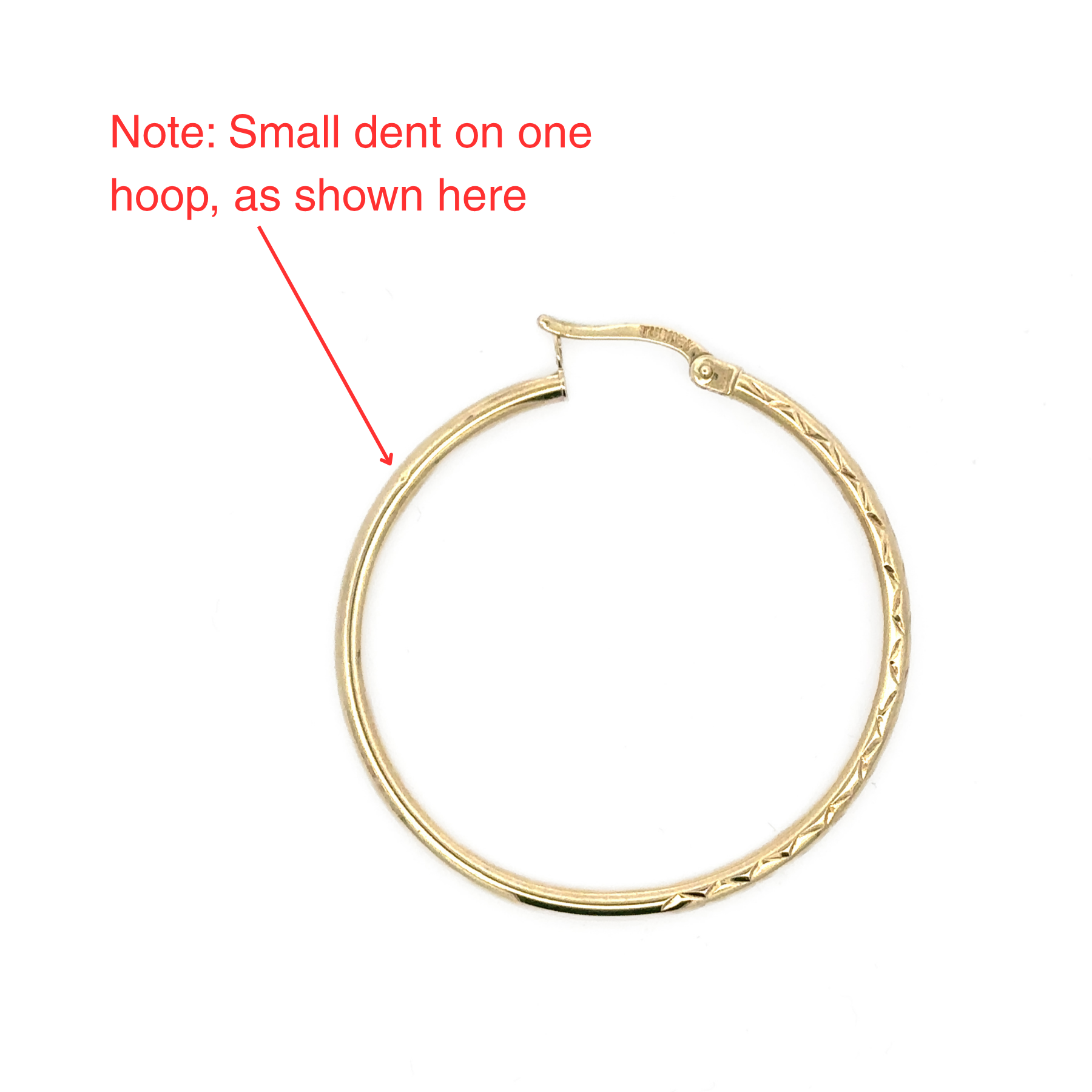 Estate Collection: 10K Yellow Gold 30.5X2MM Carved Hollow Hoop Earrings (Note: Small Dent)