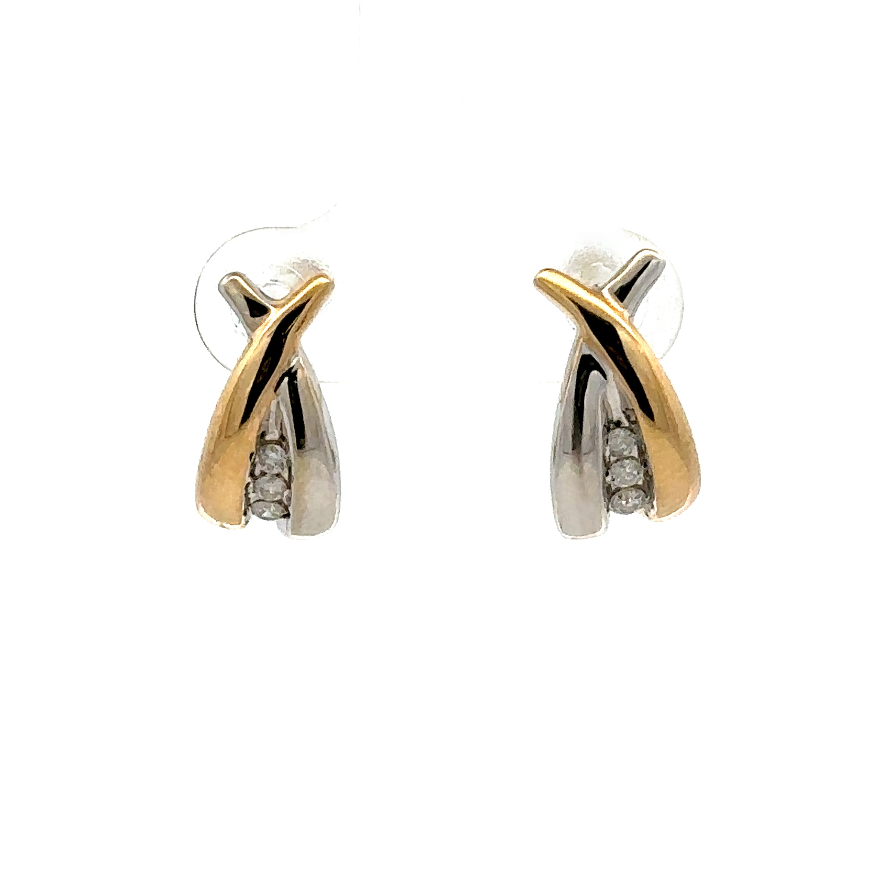 Estate Collection: 10K Gold Two-Tone Diamond Accented J-Hoop Stud Earrings