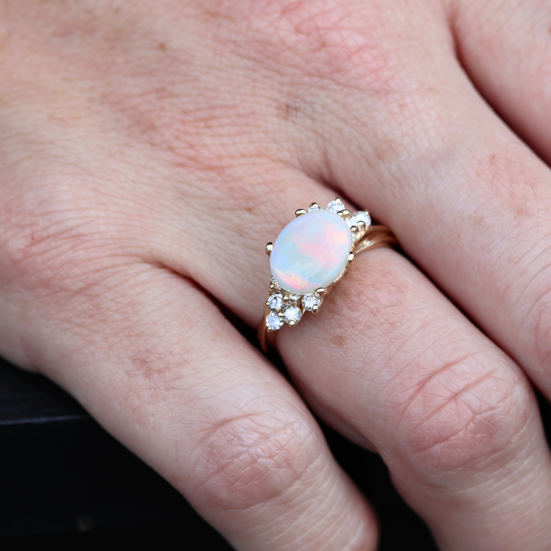 Estate Collection: 14K Yellow Gold East to West Oval Opal And Diamond Accent Ring