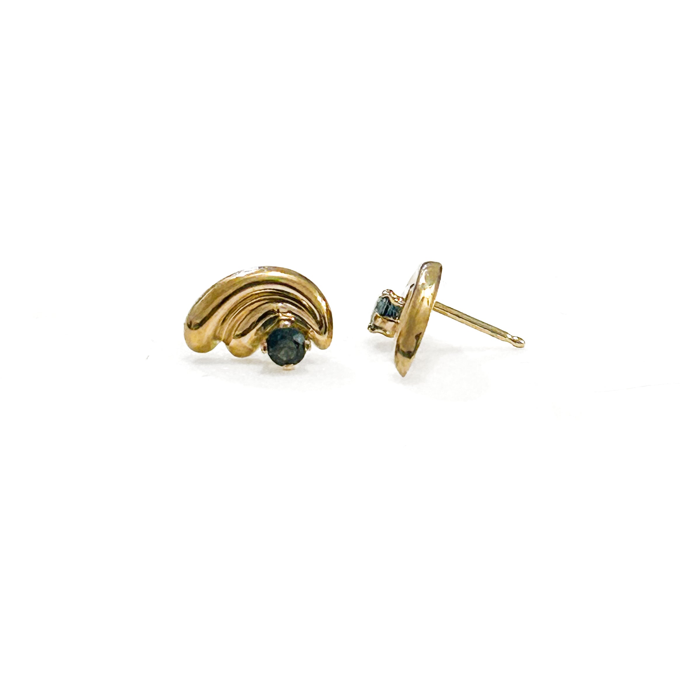 Estate Collection: 10K Yellow Gold Round Sapphire Accent Swoop Stud Earrings