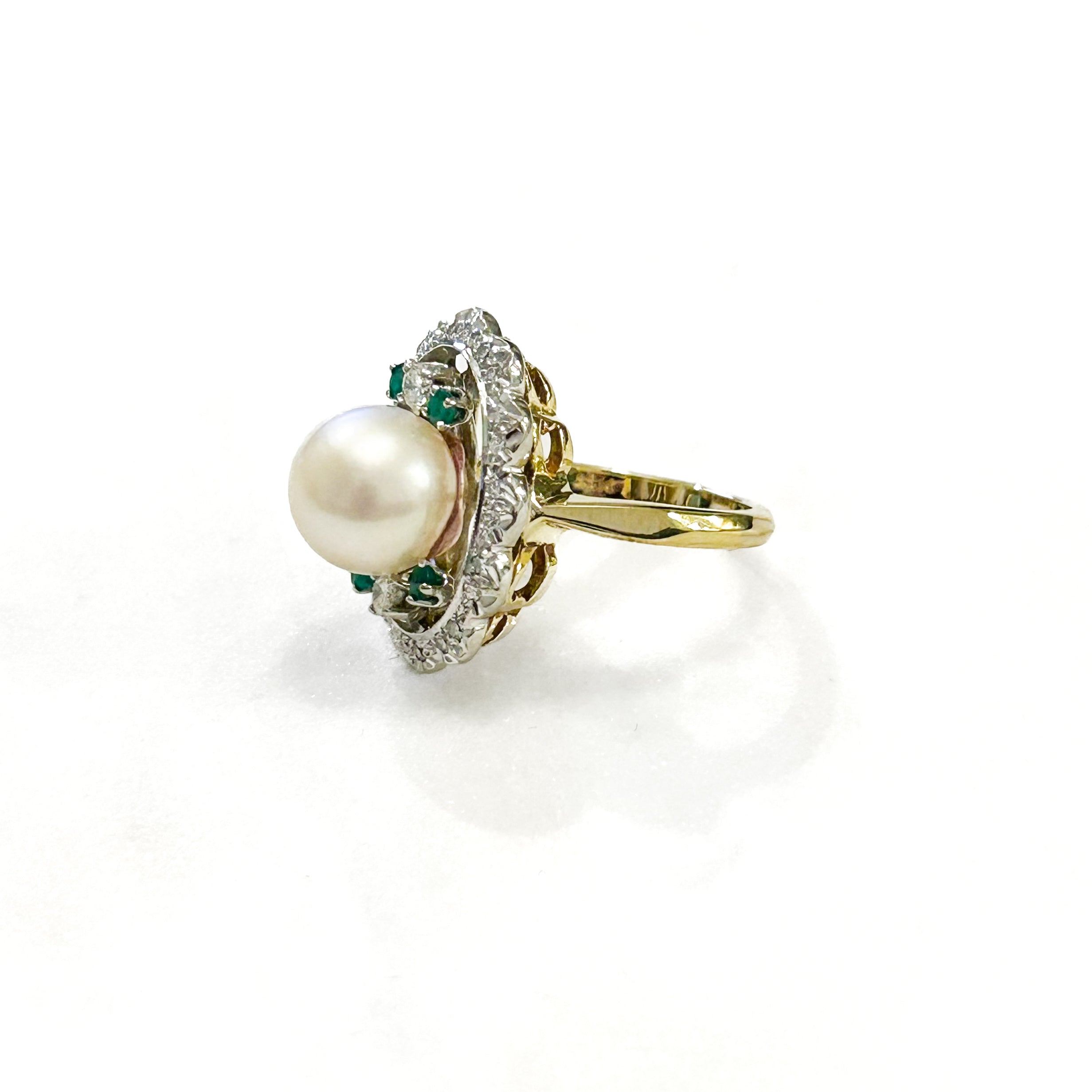 Estate Collection: 18K White and Yellow Gold Pearl, Emerald, & Diamond Oval Halo Ring