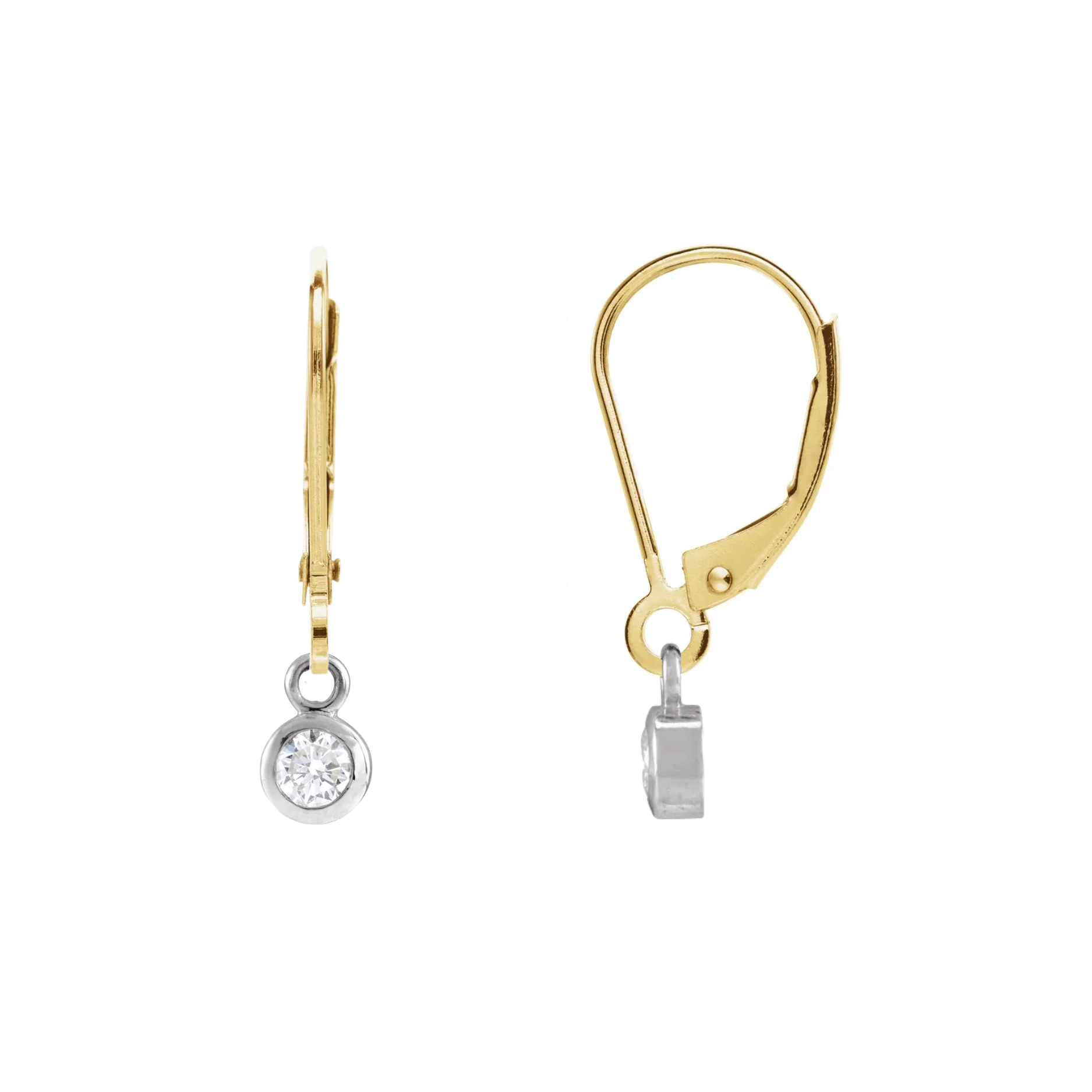Estate Collection: 14K Yellow and White Gold Round Diamond Bezel-Set Dangle Leverback Earrings
