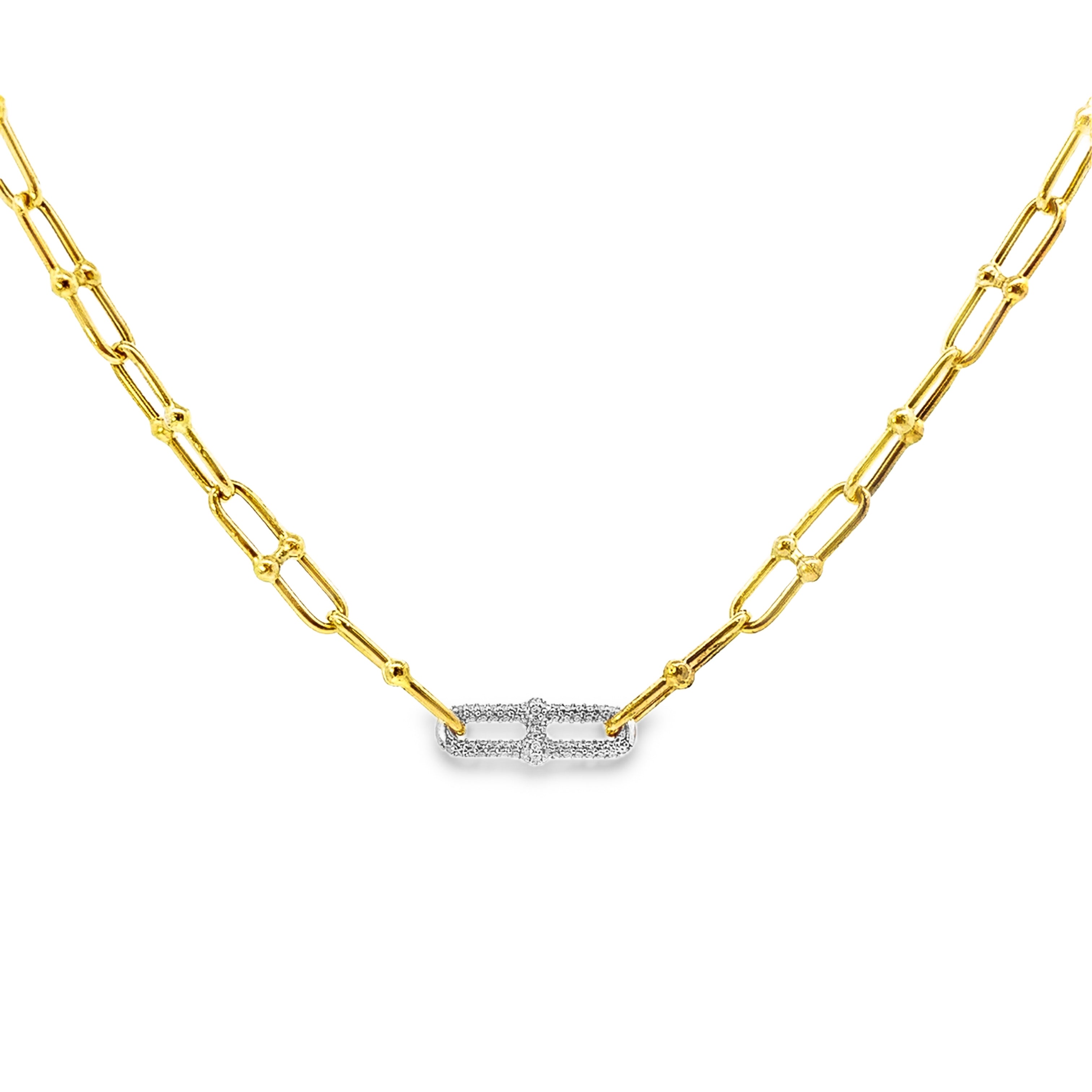 Estate Collection: 18K Yellow Gold Hollow Bar and Ball Paperclip Link Pavé Accented Stones 16" Necklace