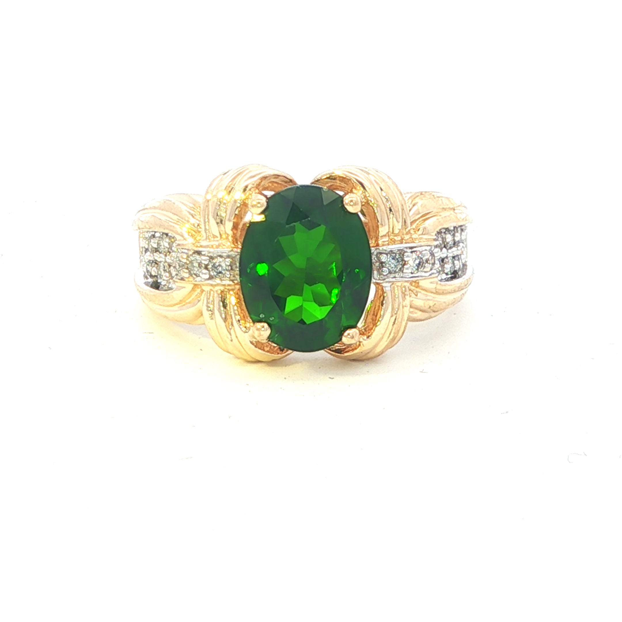 Estate Collection: 14K Yellow Gold Oval Chrome Diopside and Natural Diamond Cocktail Ring