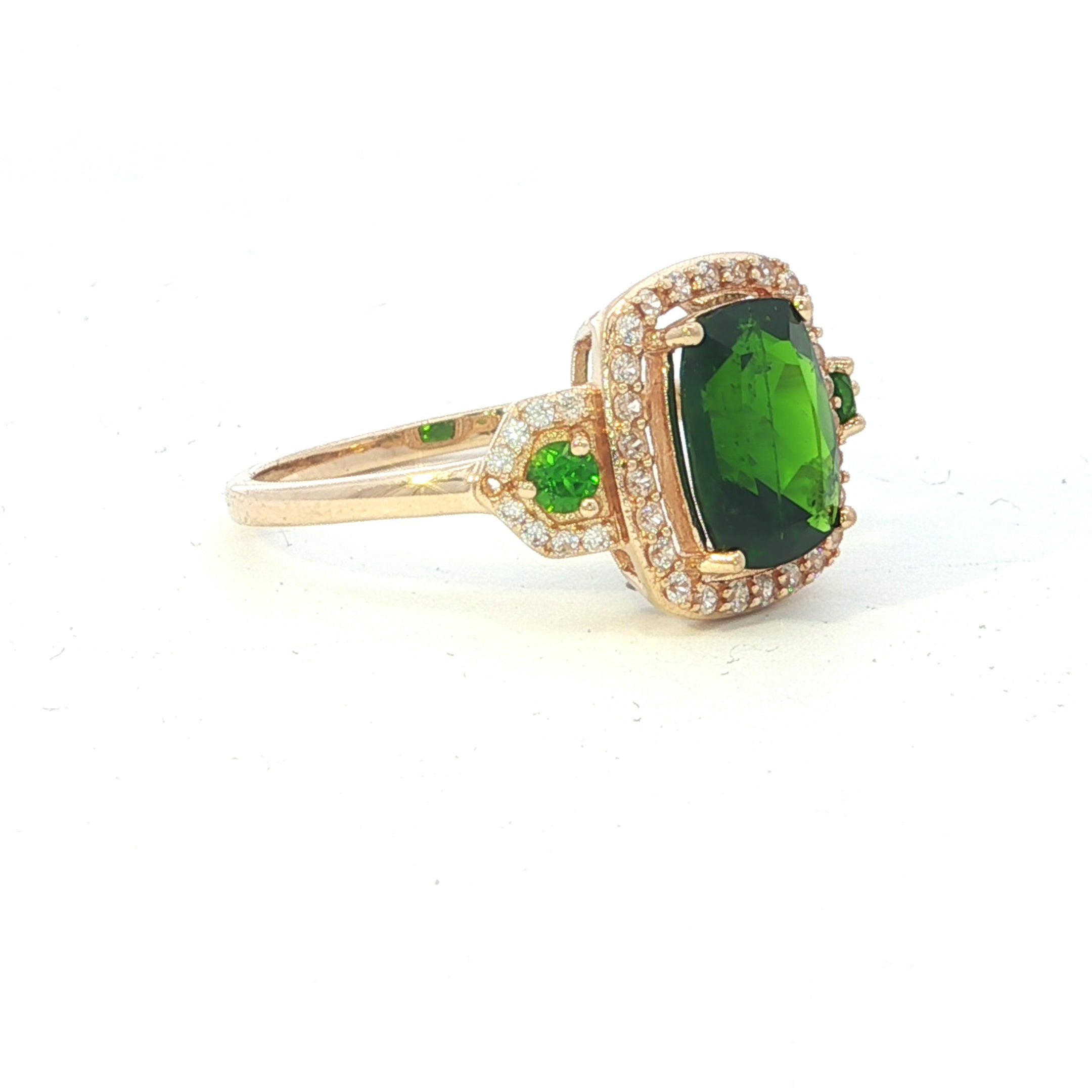 Estate Collection: 10K Yellow Gold Cushion Chrome Diopside, Tsavorite Side Stones, and Natural Diamond Cocktail Ring