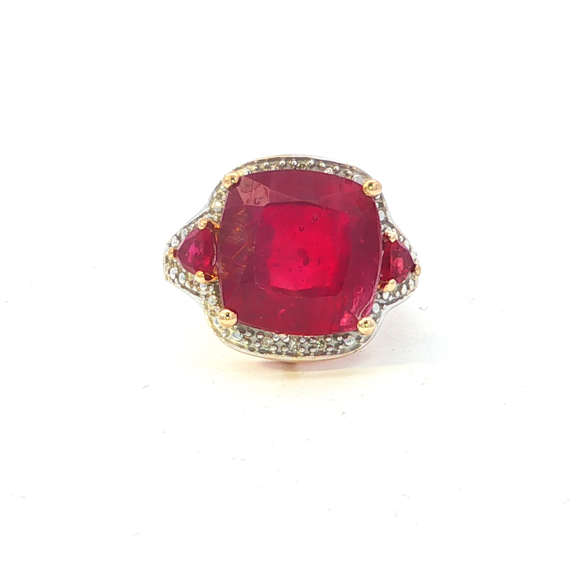 Estate Collection: 10K Yellow Gold Cushion-Cut Glass-Filled Ruby With Pear & Diamond Accents Cocktail Ring