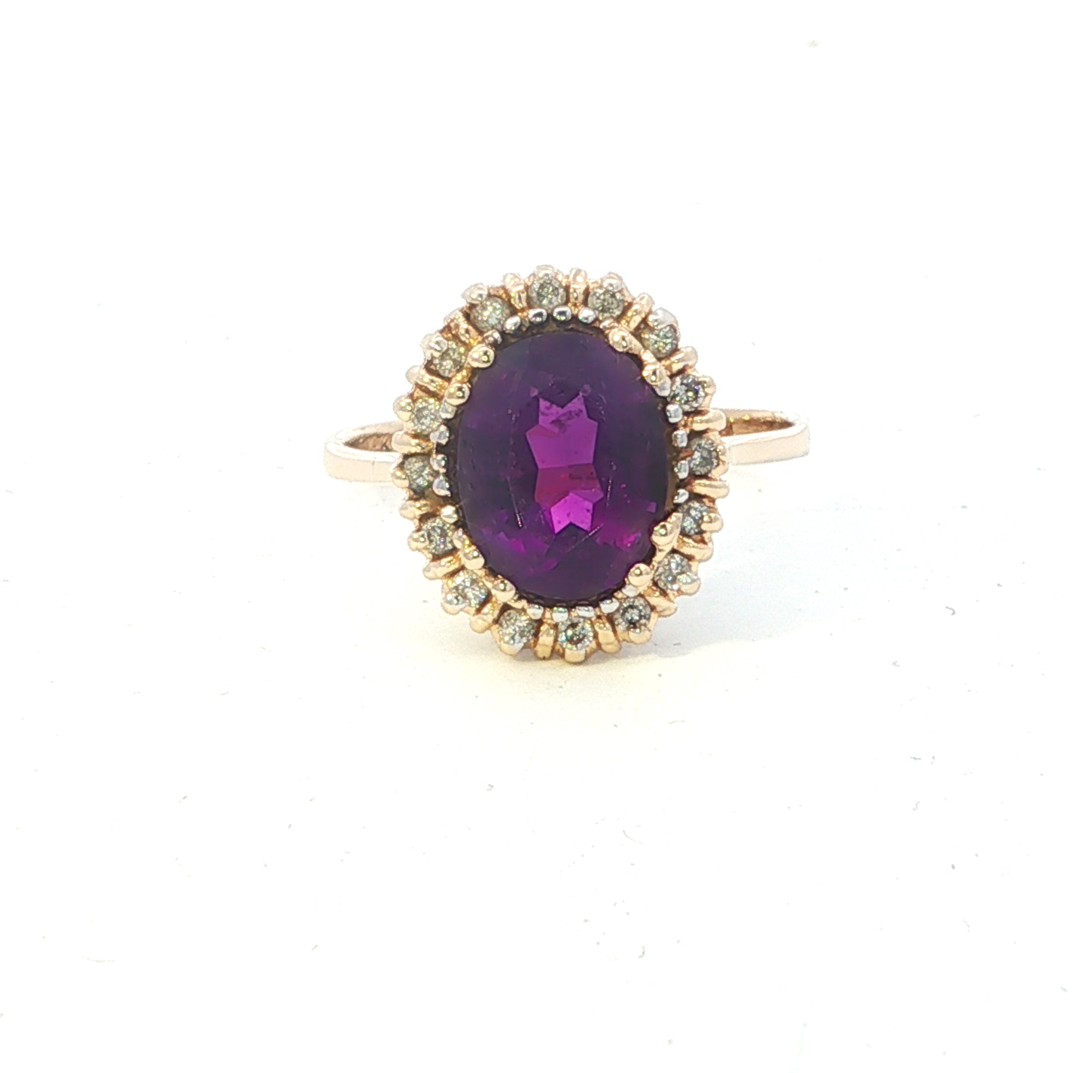 Estate Collection: 10K Yellow Gold Oval Amethyst Ring With Halo Diamond Accents