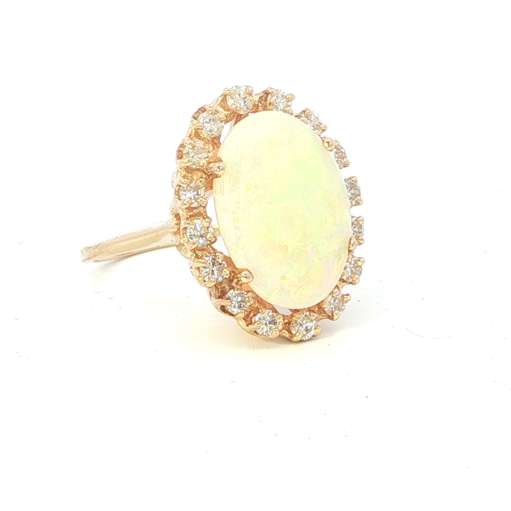 Estate Collection: 14K Yellow Gold Oval White Opal and Diamond Halo Cocktail Ring