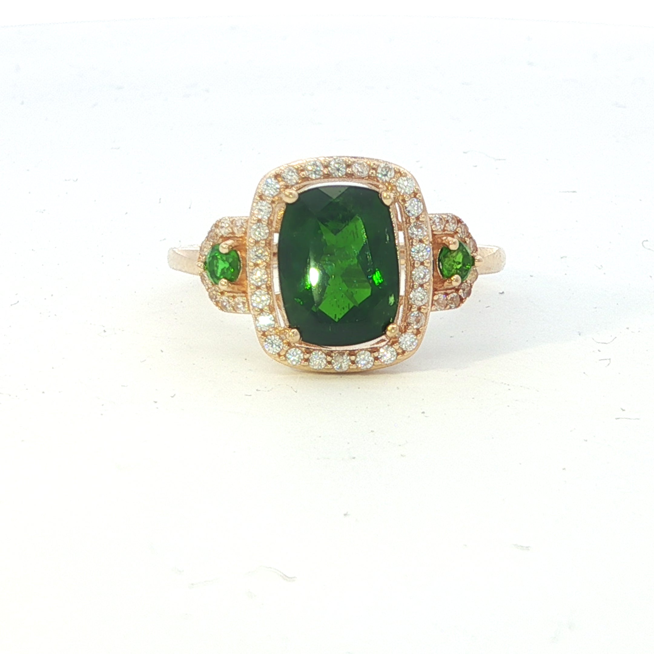 Estate Collection: 10K Yellow Gold Cushion Chrome Diopside, Tsavorite Side Stones, and Natural Diamond Cocktail Ring