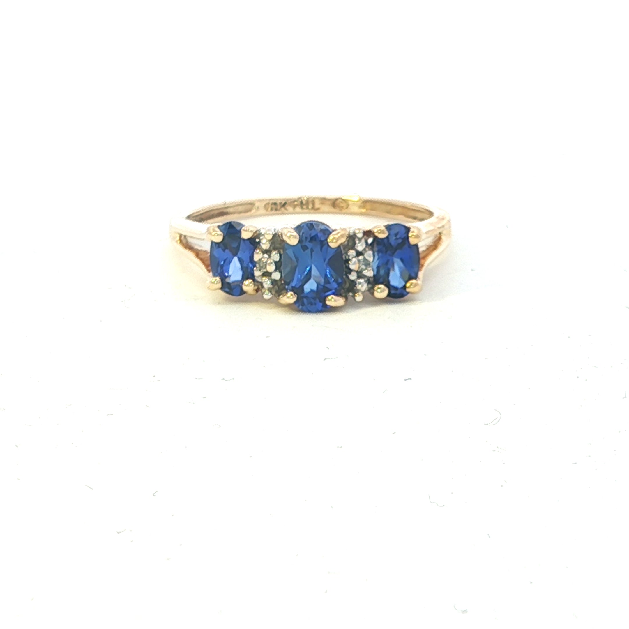 Estate Collection: 10K Yellow Gold Three Stone Oval Lab-Created Sapphires& Diamond Accents