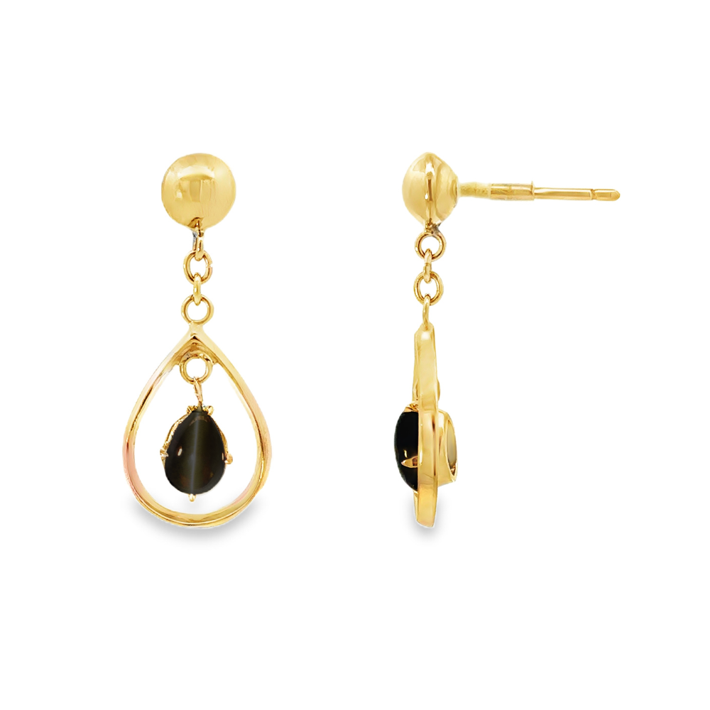 Estate Collection: 10K Yellow Gold Pear-Shaped Tiger's Eye Negative Space Dangle Stud Earrings
