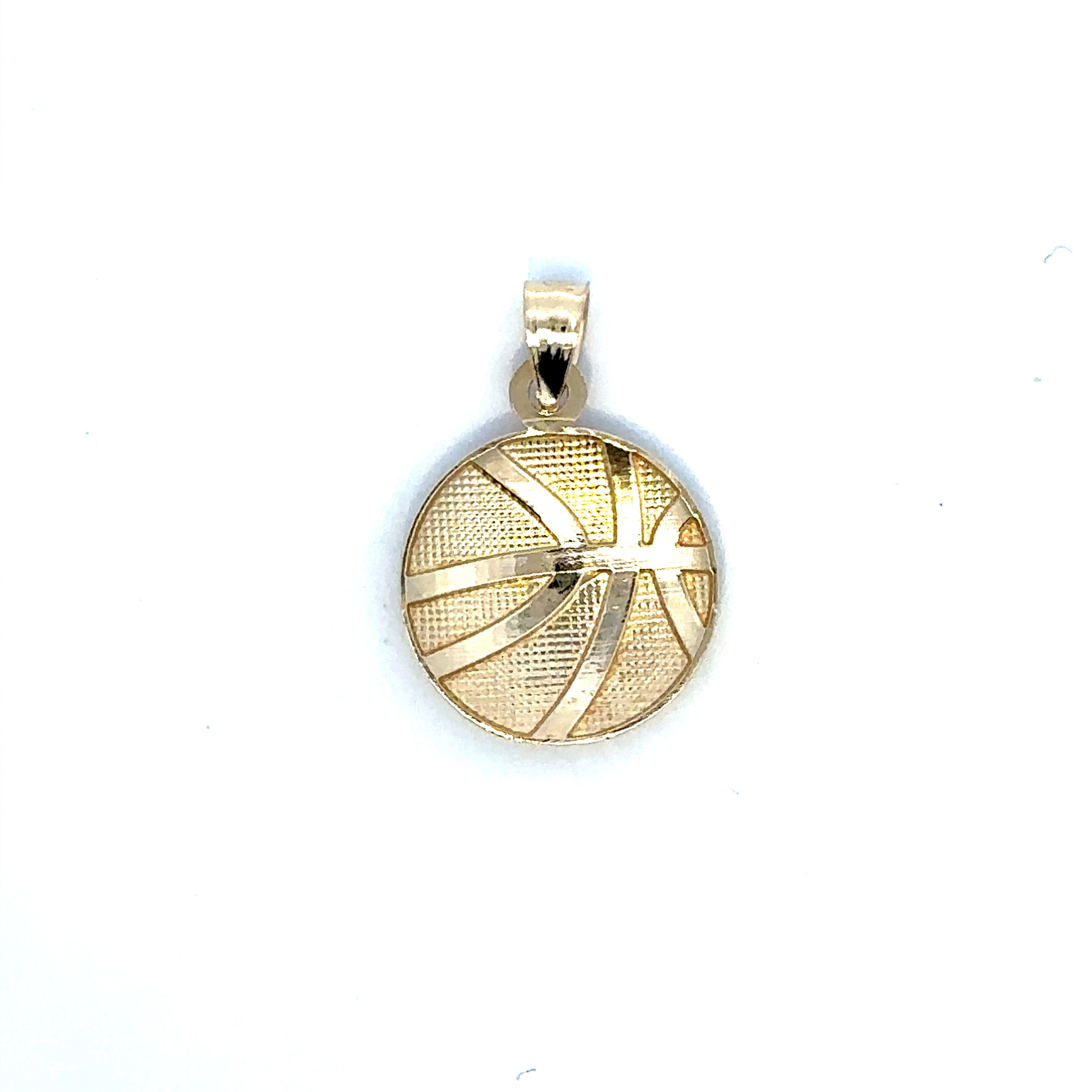 Gold pendant with a basketball design on a white background