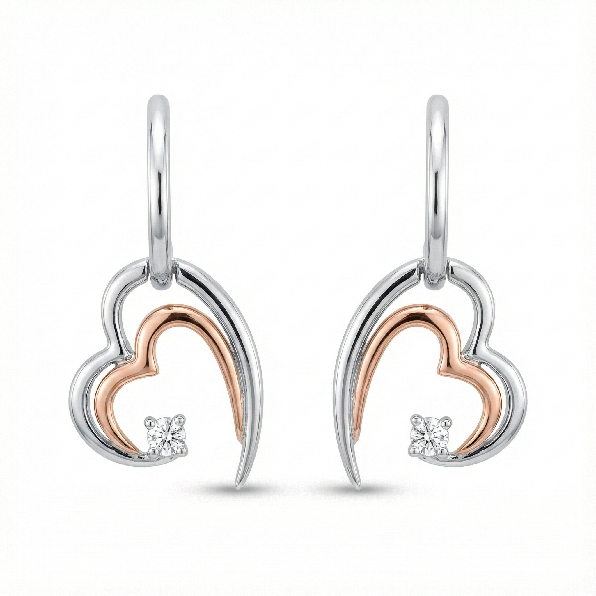 Estate Collection: 14K White & Rose Gold Two-Toned Heart with Diamond Dangle Stud Earrings