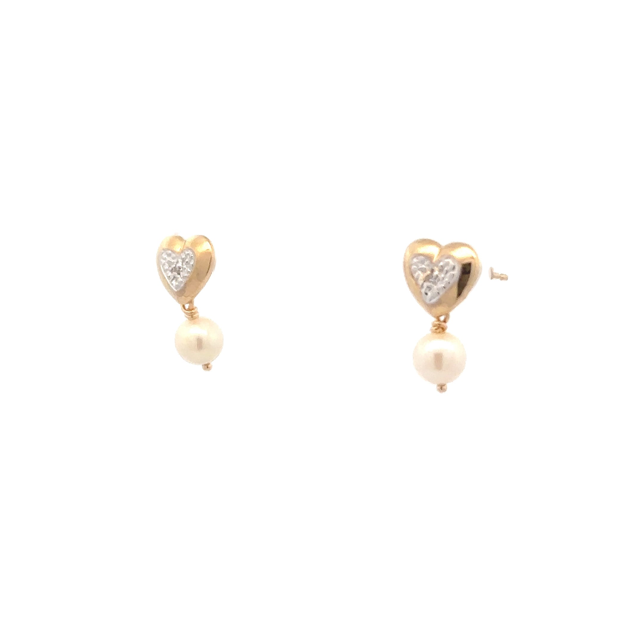 Estate Collection: 14K Yellow & White Gold Two-Toned Heart with Pearl Dangle Stud Earrings