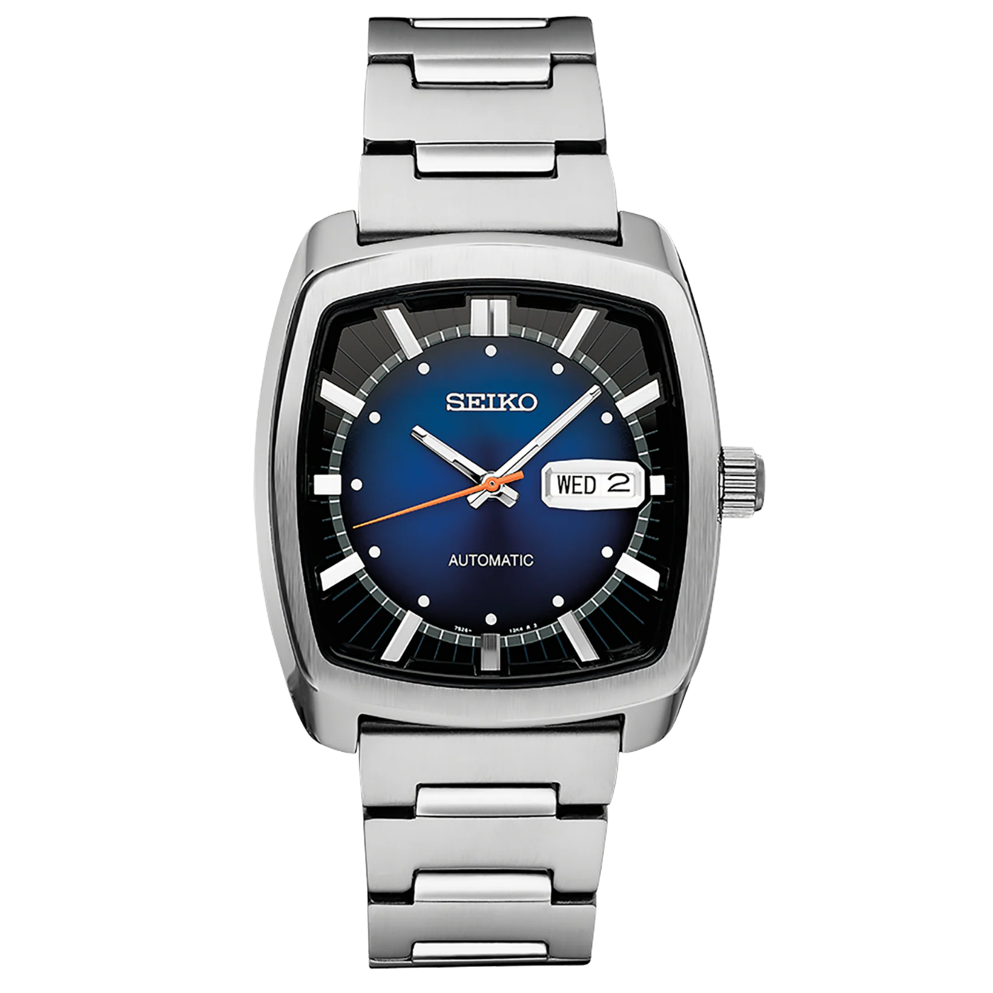 Seiko watch with blue dial and silver metal strap on a white background