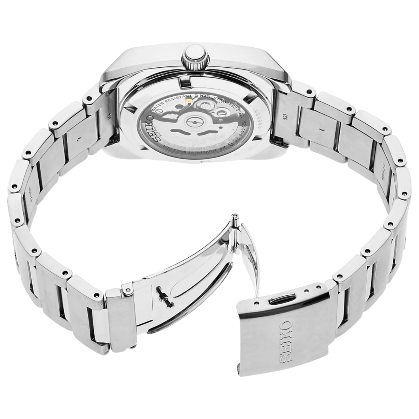 Silver Seiko watch with open clasp on a white background