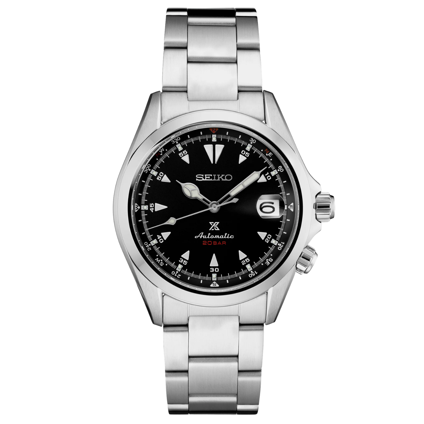 Seiko watch with black dial and silver metal strap on a white background