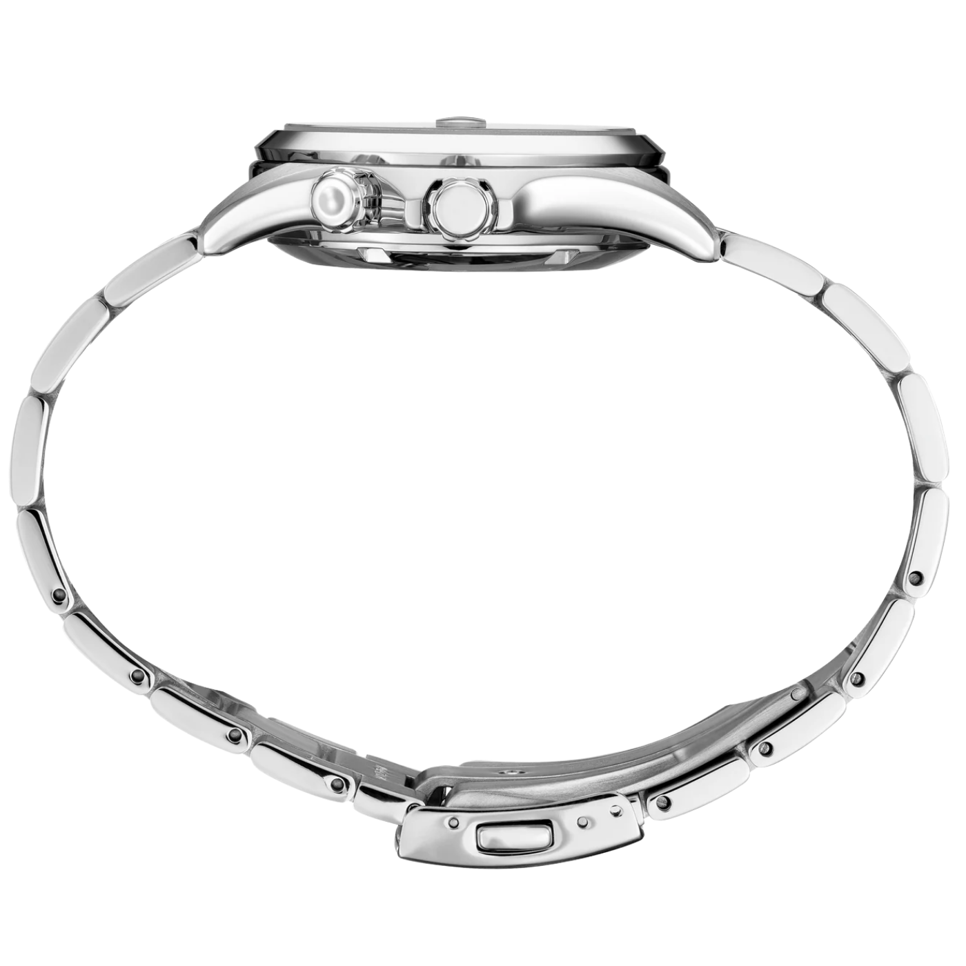 Close-up of a silver watch band on a white background