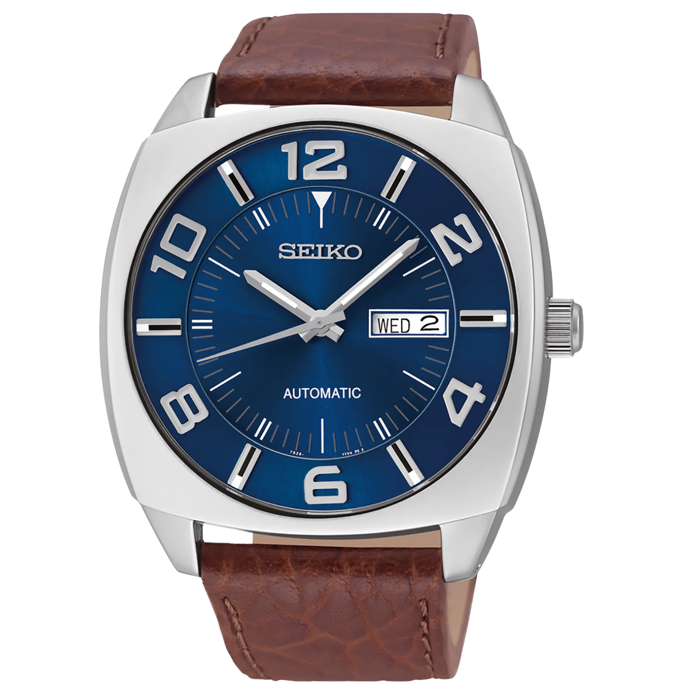Seiko watch with blue dial and brown leather strap on a white background
