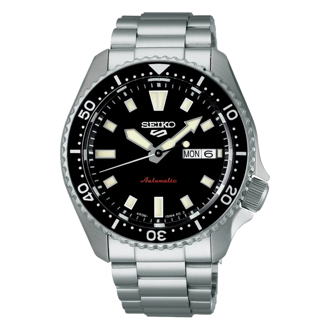Seiko watch with black dial and silver metal strap on a white background