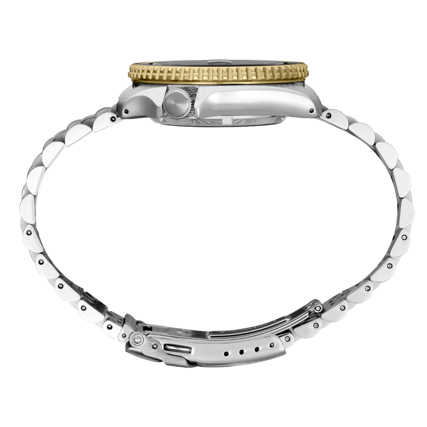 Close-up of a watch band with gold and silver metal components on a white background