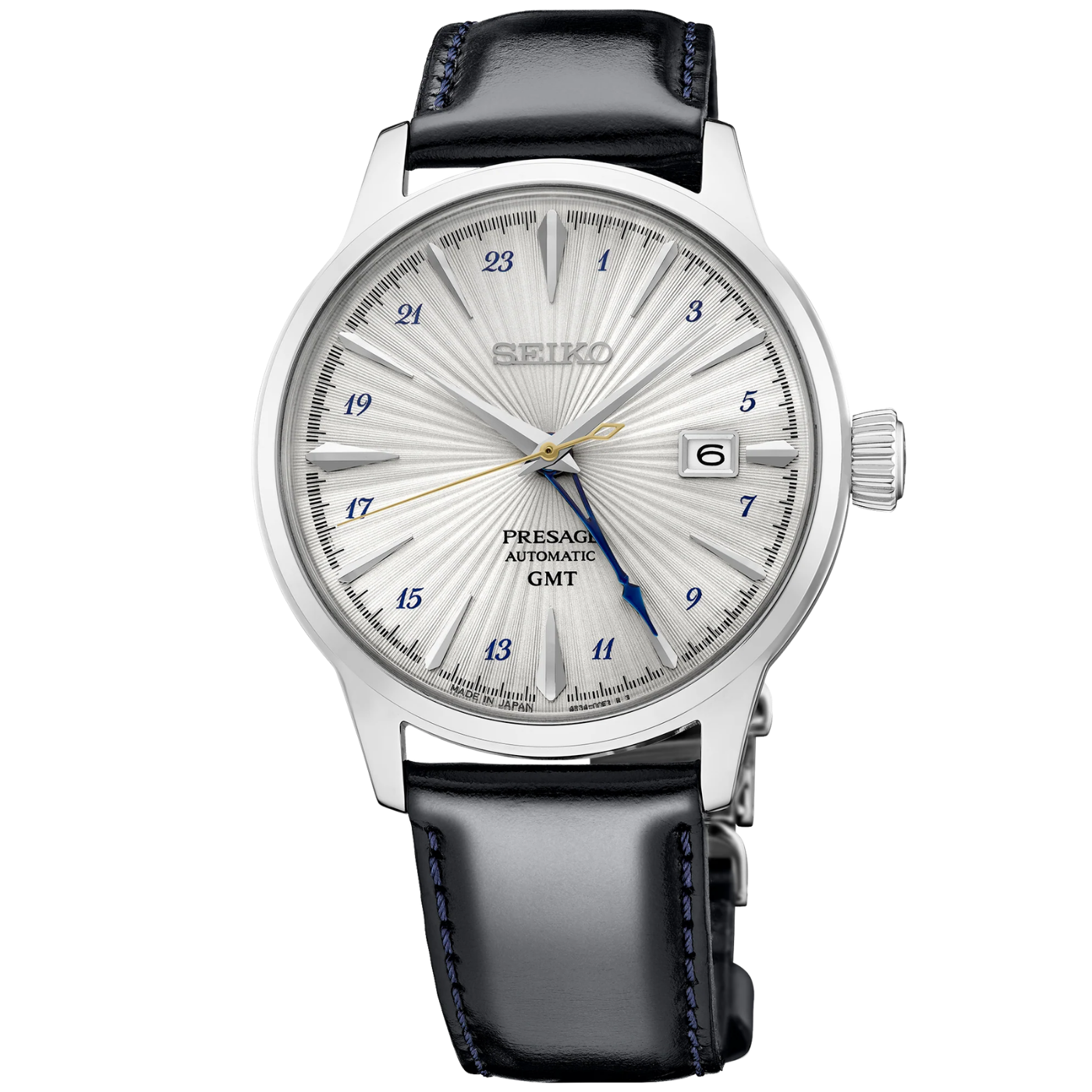 Seiko watch with black leather strap on a white background