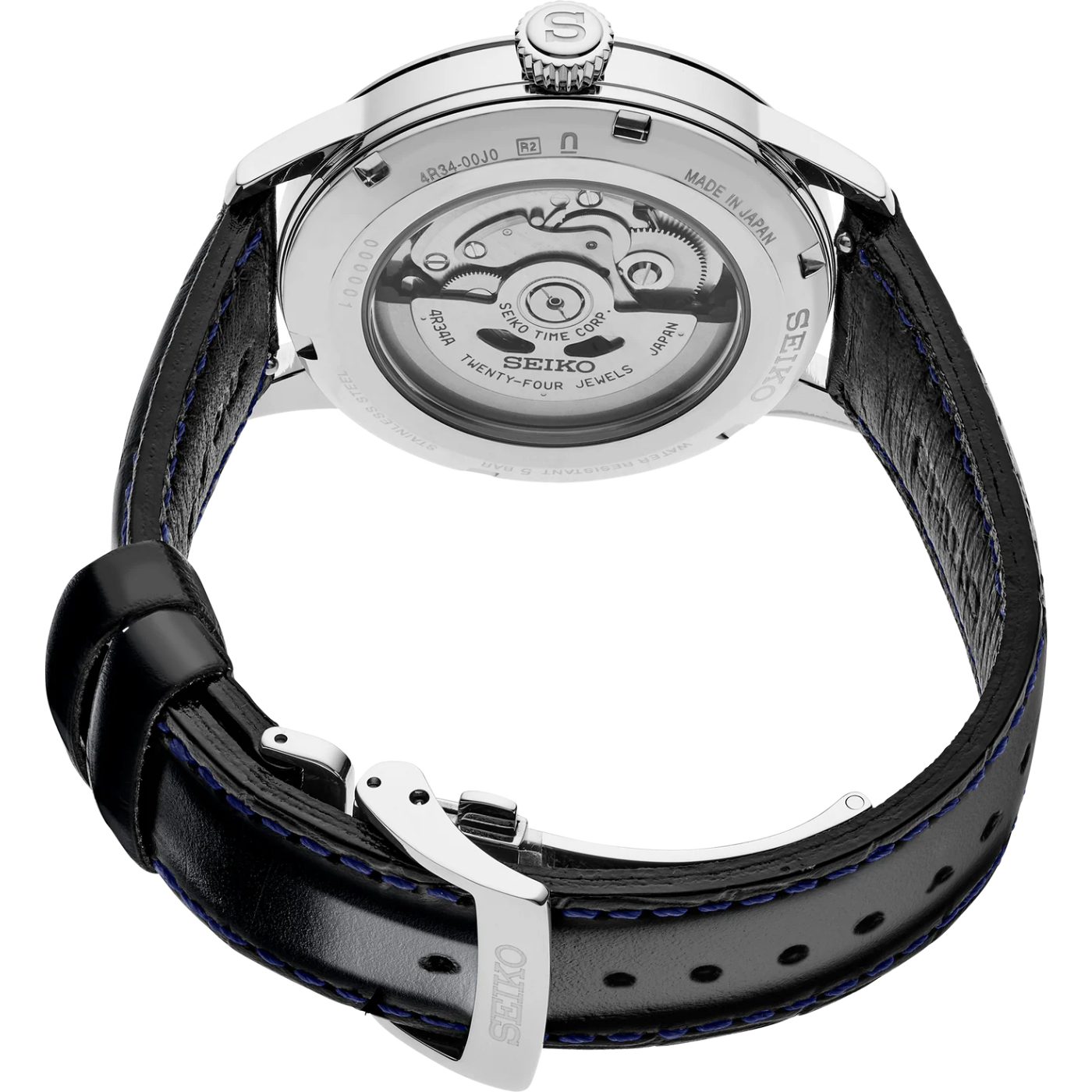 Seiko watch with black leather strap and visible mechanical components on a white background