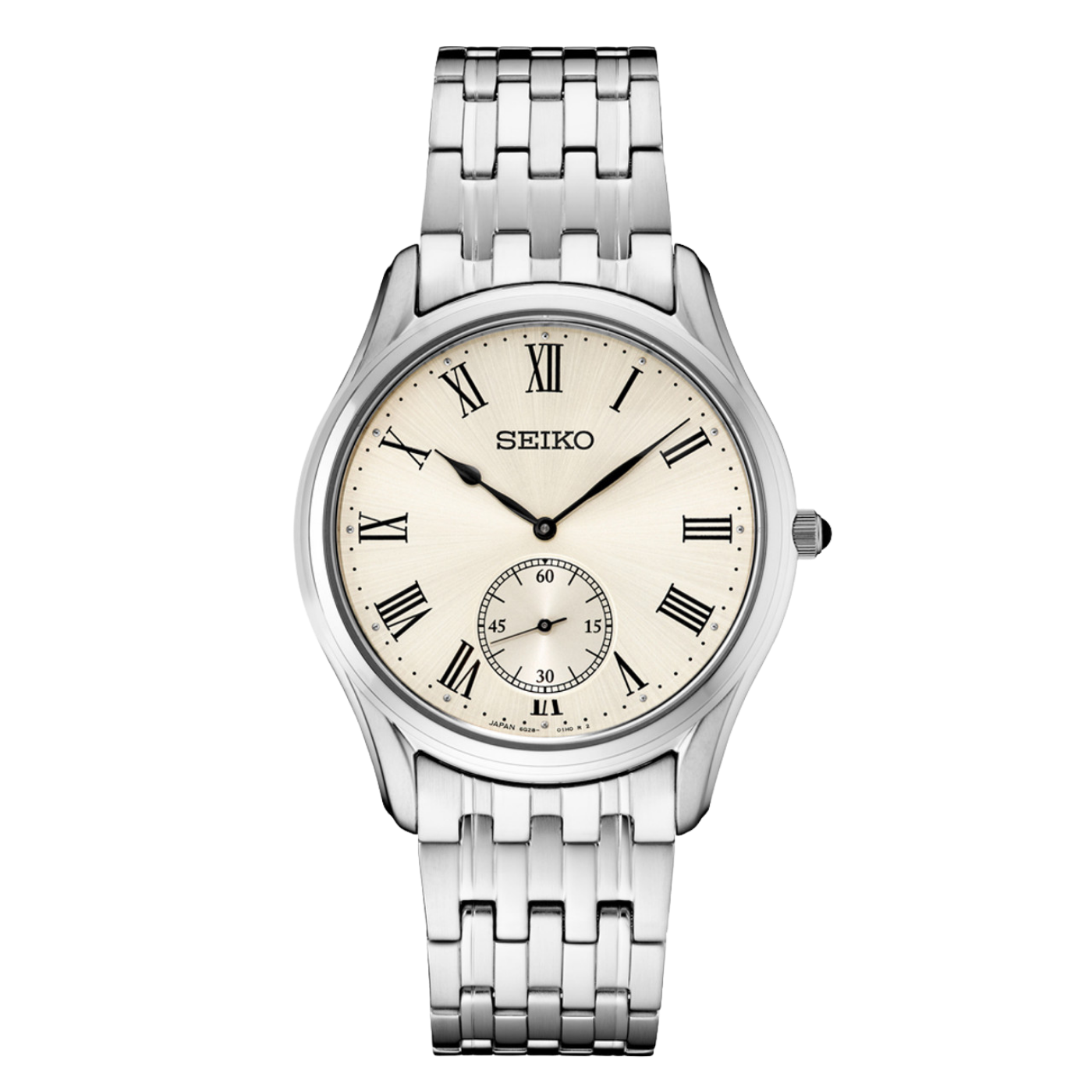 Silver Seiko watch with a cream-colored face on a white background