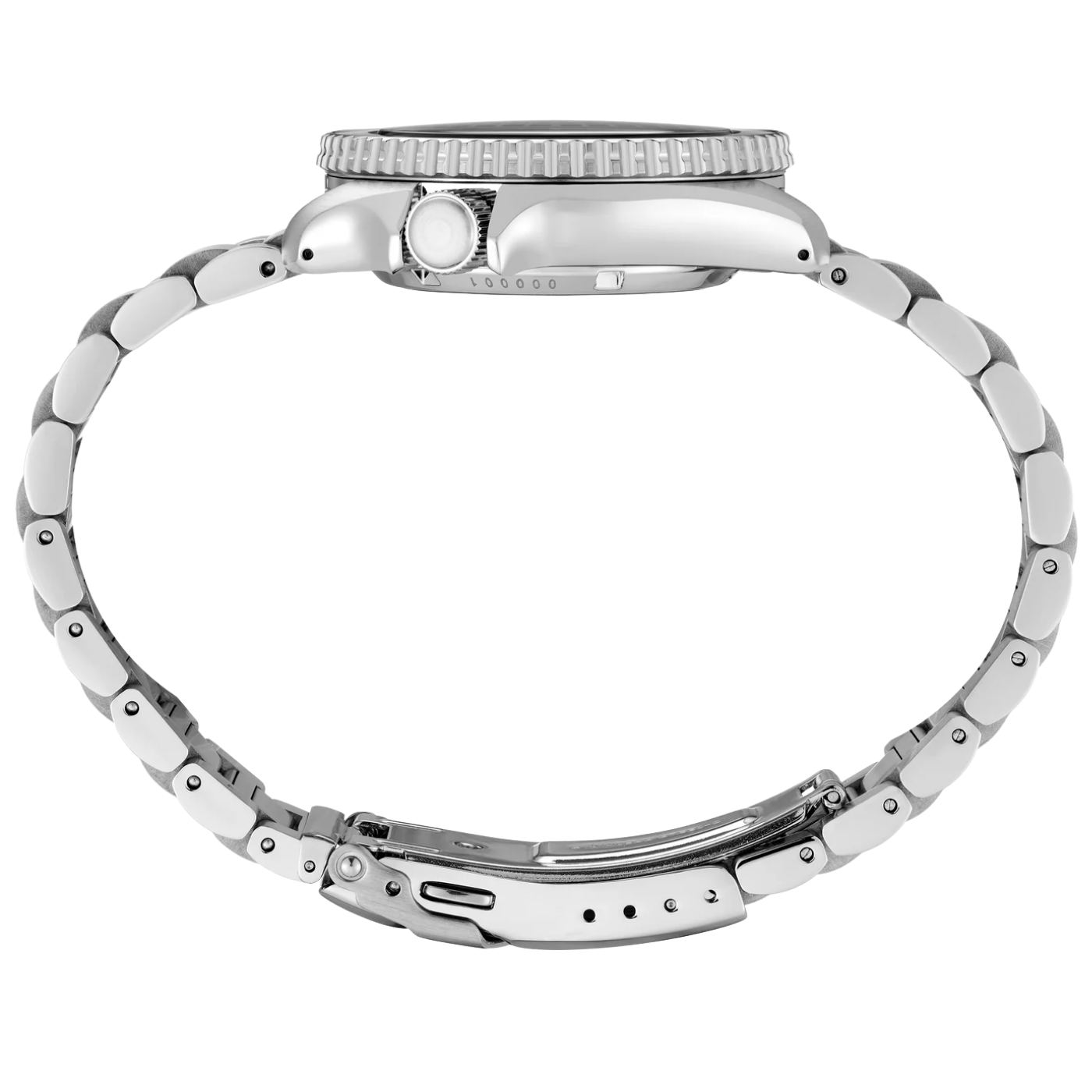 Close-up of a silver watch band on a white background