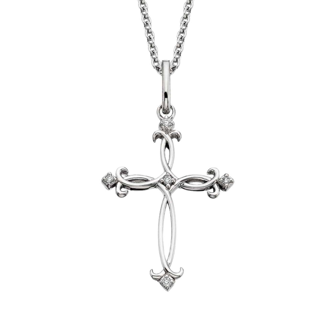 Silver cross pendant with chain on a white background