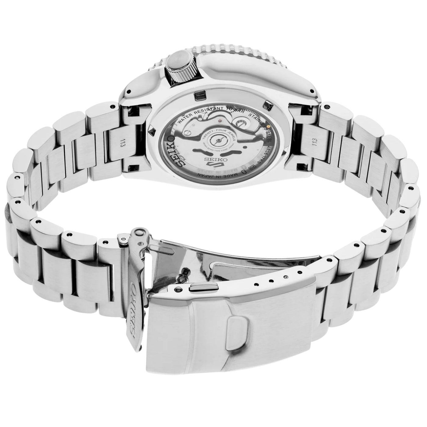 Silver Seiko watch with a metal bracelet on a white background