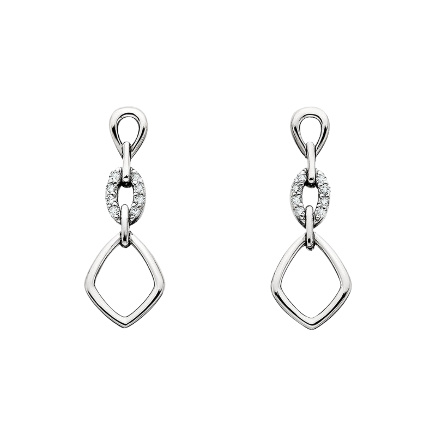 Pair of silver earrings with teardrop design on a white background