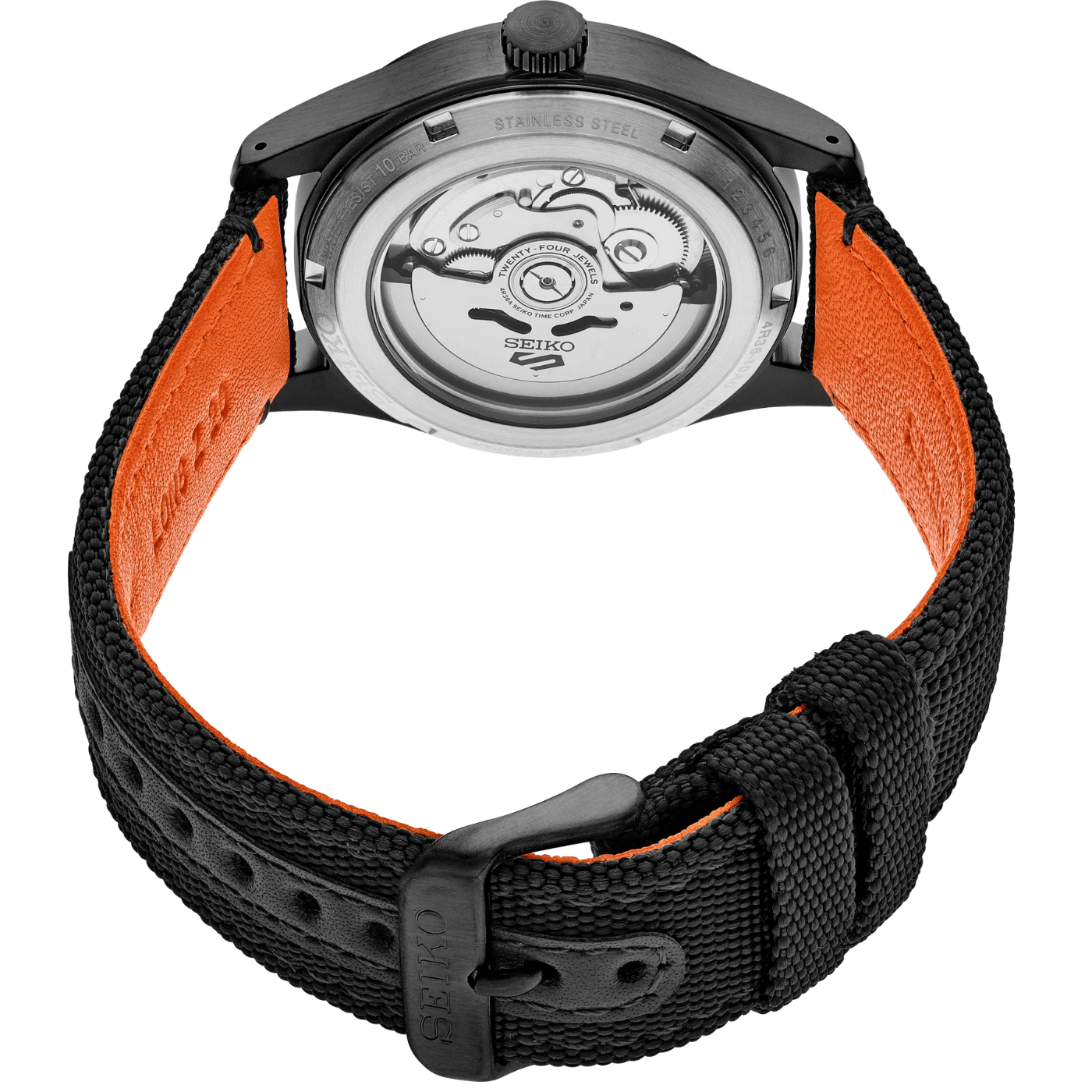 Close-up of a watch with a black strap and orange interior, Seiko brand visible.
