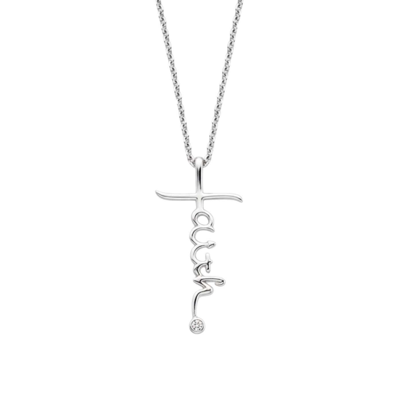 Silver cross necklace with 'Faith' pendant on a white background