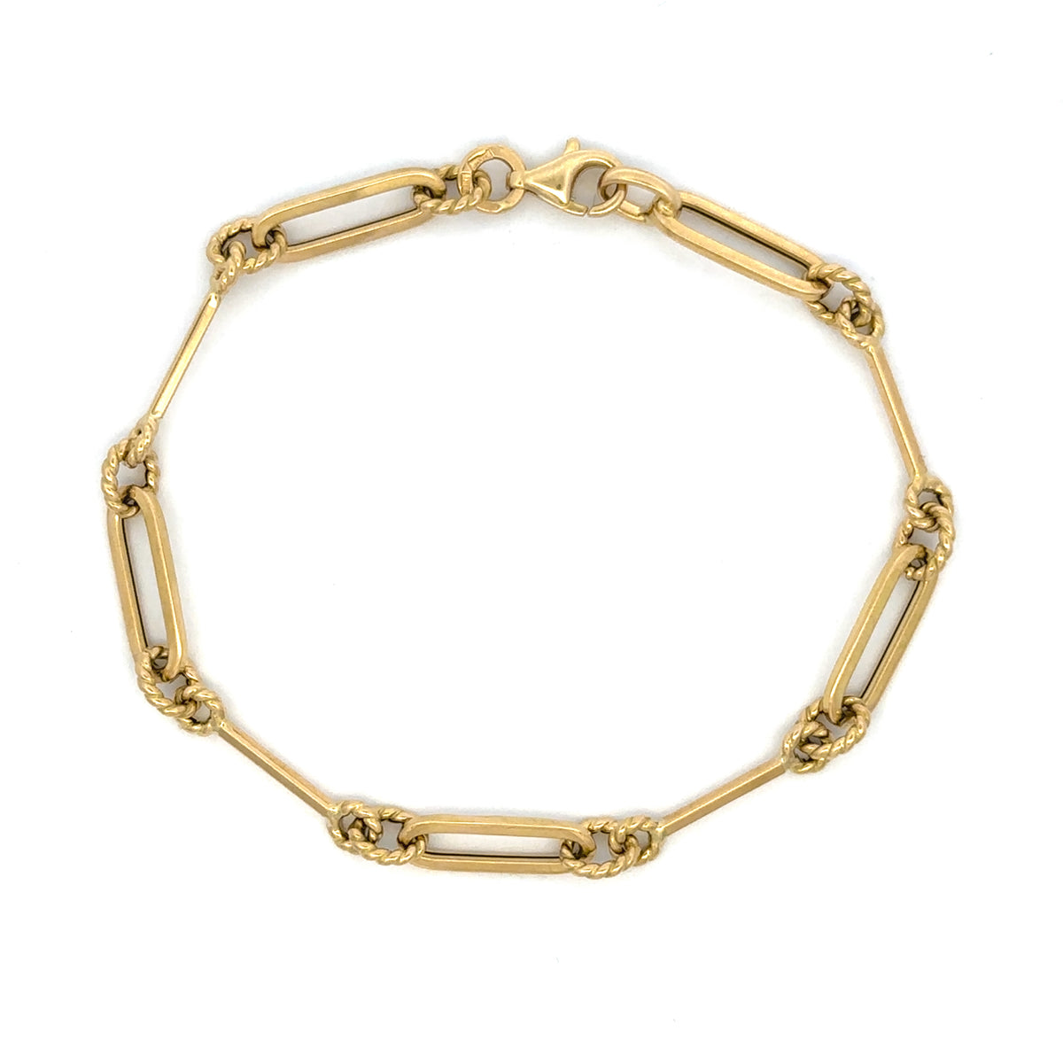 14K Yellow Gold Italian Paperclip, Twisted Round, and Bar Link Bracelet