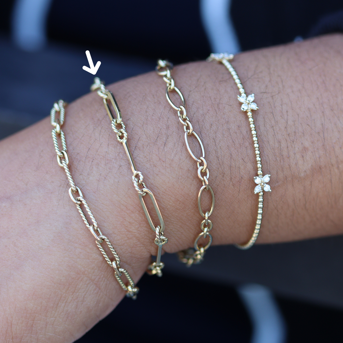 14K Yellow Gold Italian Paperclip, Twisted Round, and Bar Link Bracelet