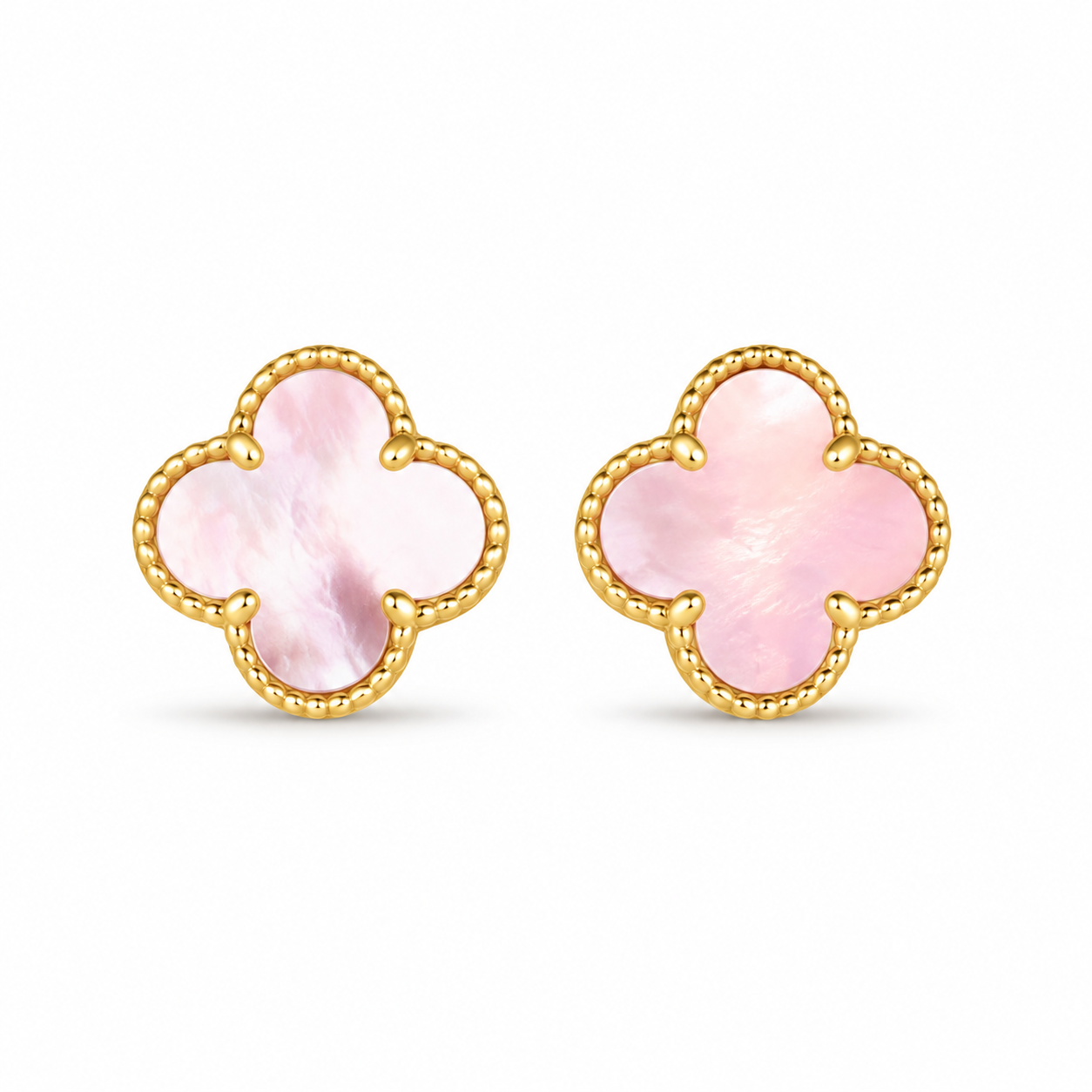 Pair of 14K yellow gold clover stud earrings with pink mother of pearl centers and beaded borders.