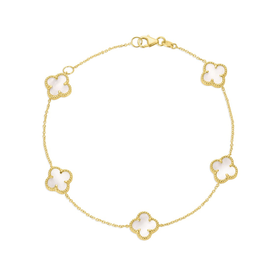 14K Yellow Gold Italian White Mother of Pearl Clover Bracelet
