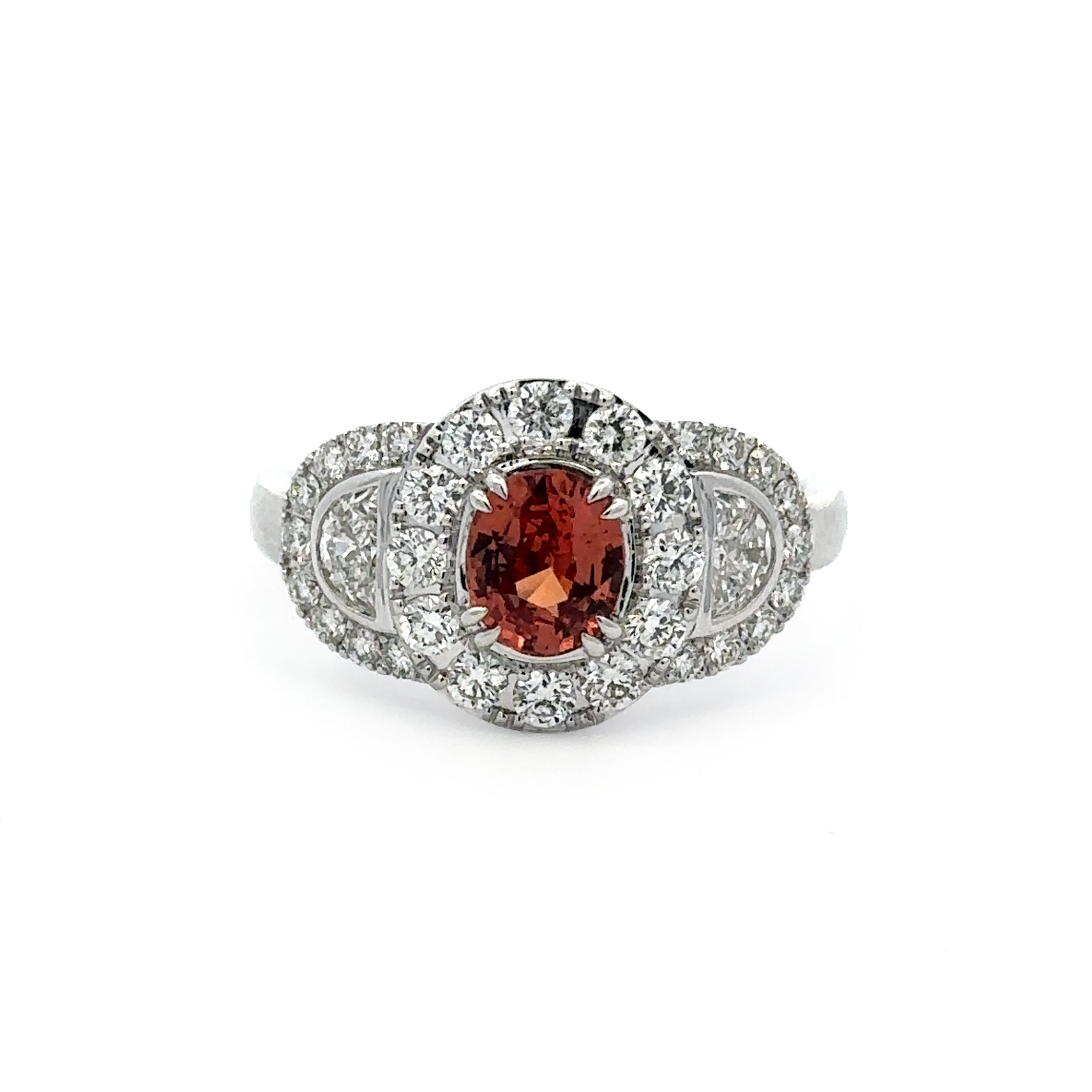 14K White Gold 1.05CT. Padparadscha Sapphire and 0.97CTW. Diamond Accented Ring