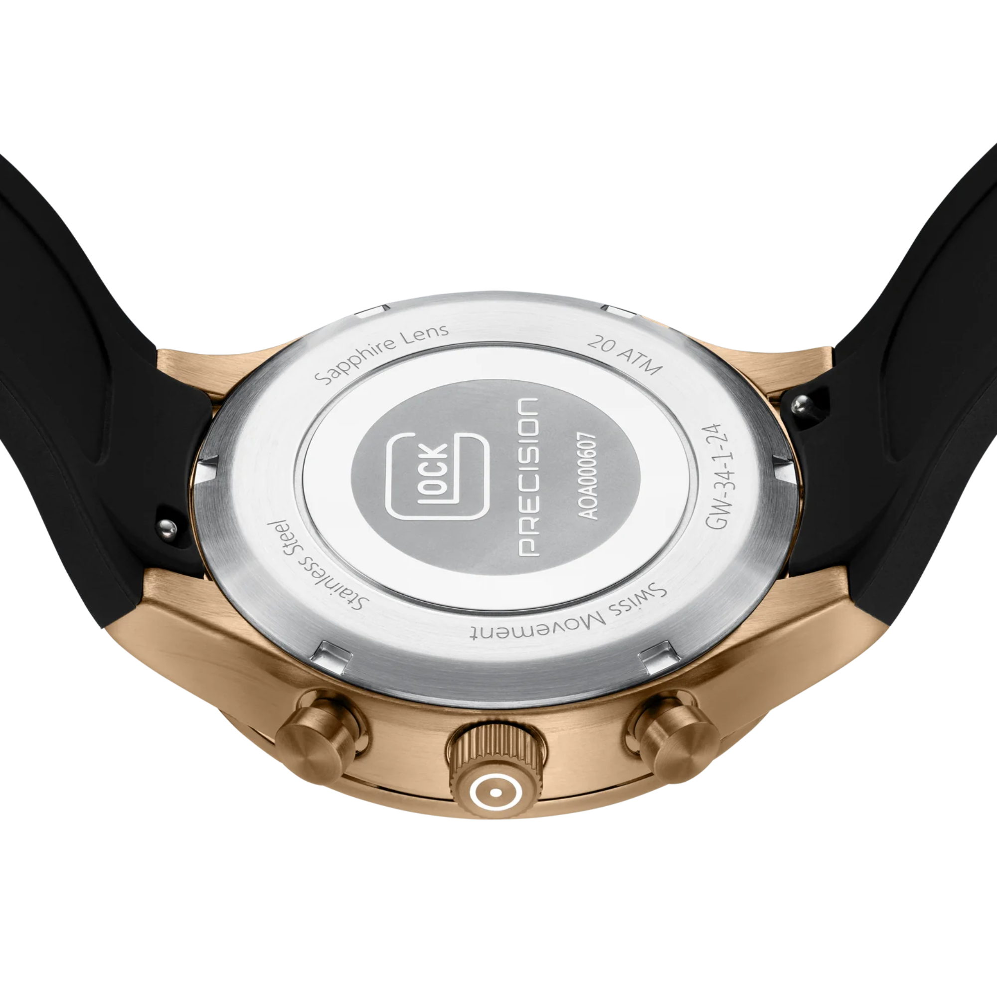 Underside view of Coyote-Tone Stainless Steel Case With Black Silicone Strap Glock Watch on white background.