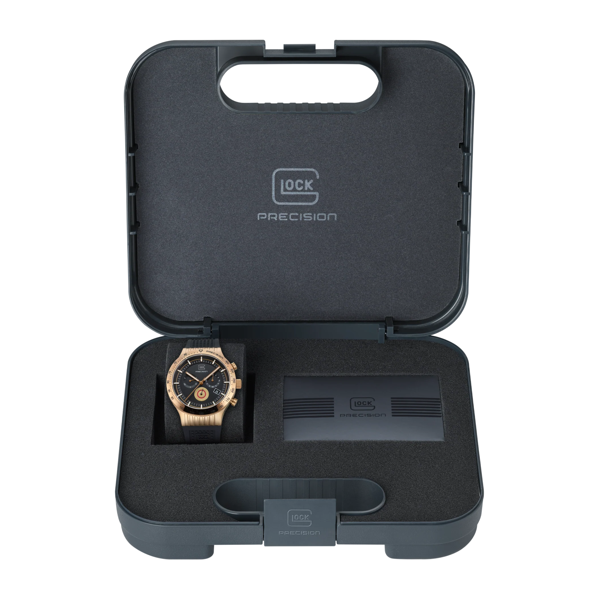 View of Coyote-Tone Stainless Steel Case With Black Silicone Strap Glock Watch in the case it comes in, on white background.