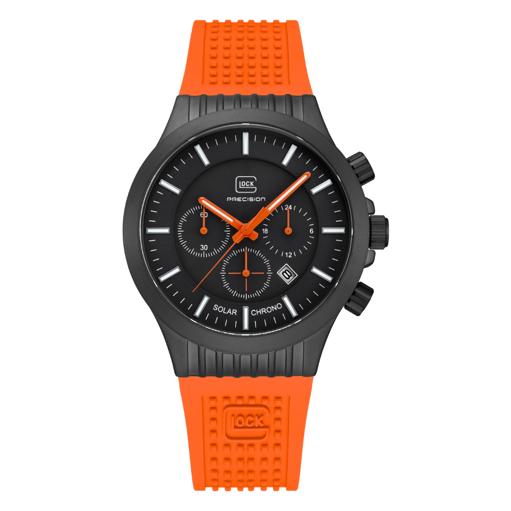 Black Stainless Steel Glock Watch With Orange Silicone Band