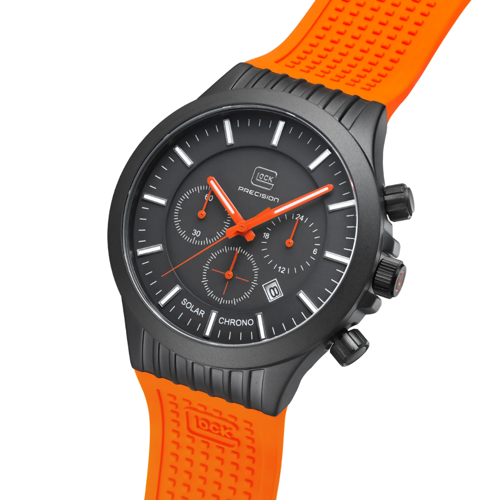 Black Stainless Steel Glock Watch With Orange Silicone Band