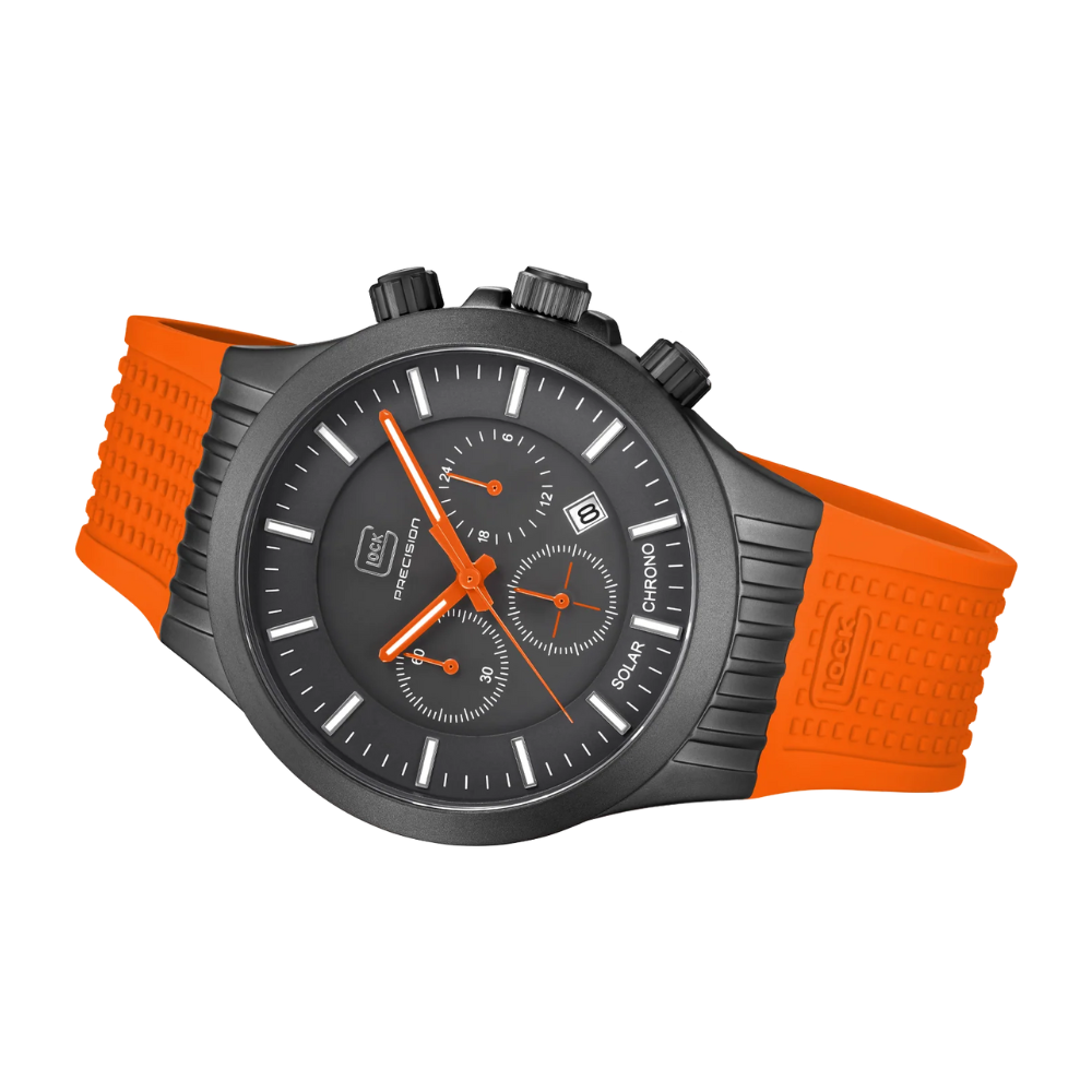 Black Stainless Steel Glock Watch With Orange Silicone Band