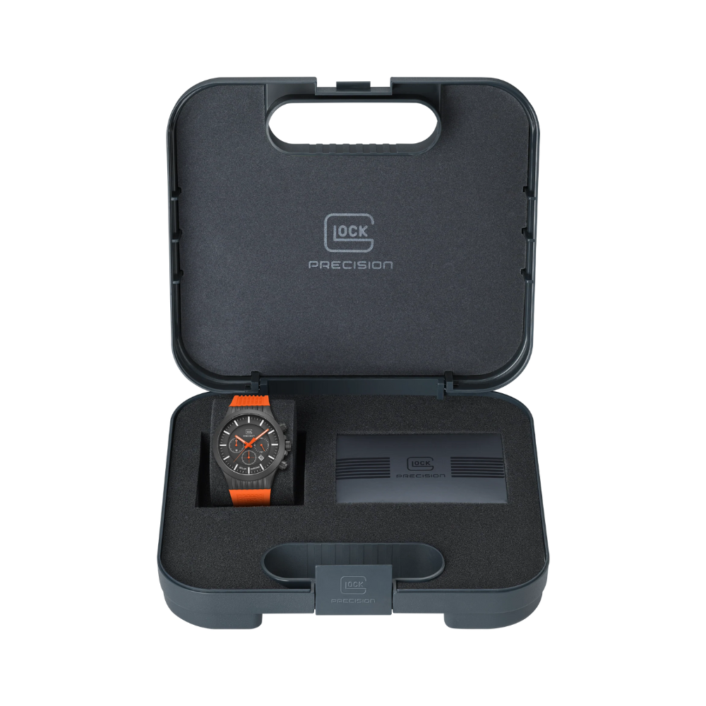 Black Stainless Steel Glock Watch With Orange Silicone Band