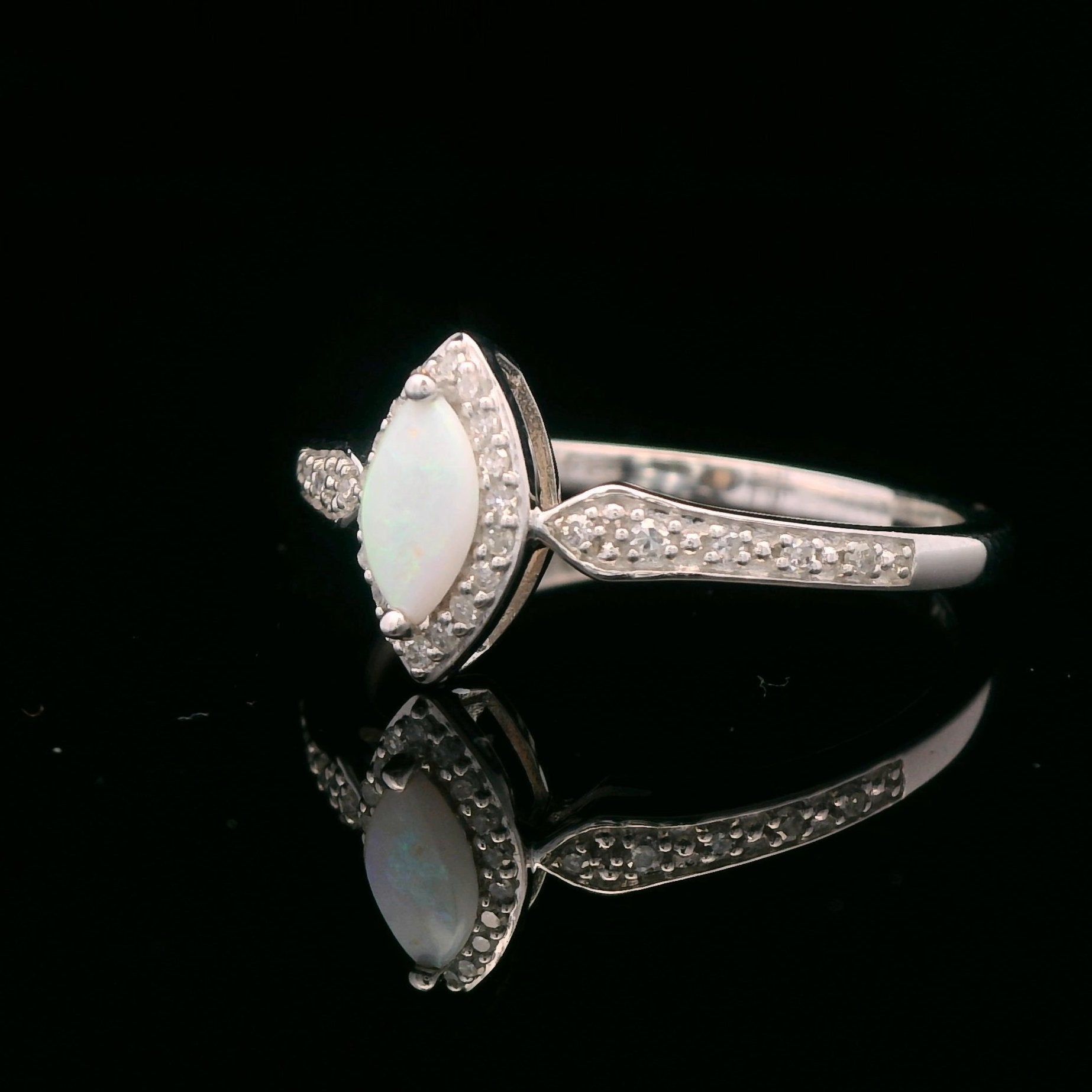 14k White Gold 1/10 CTW Diamond Opal Ring