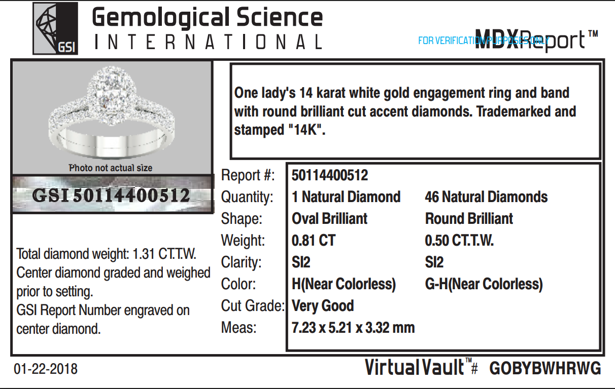 Estate Collection: Certified 14K White Gold 1.31CTW. Natural Oval Engagement Rig and Wedding Band Soldered Set